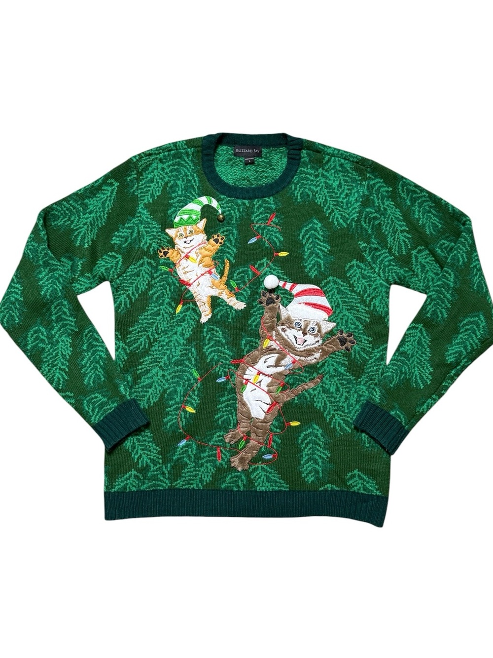 Blizzard Bay Ugly Christmas Sweater Tangled Cats & Lights Santa Hats L Large